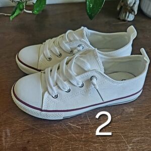 White Canvas Low-Top Sneakers with Maroon Stripe